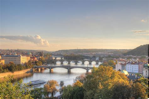 Early fall colors and sunset over the river Moldau, Prague (HDR ...