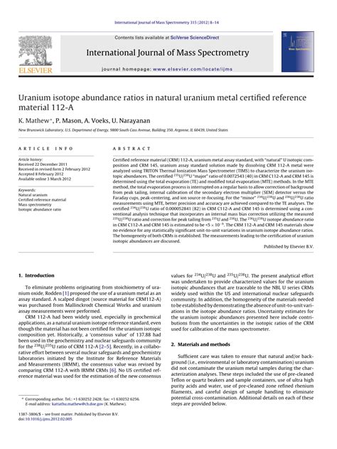 (PDF) Uranium isotope abundance ratios in natural uranium metal certified reference material 112-A