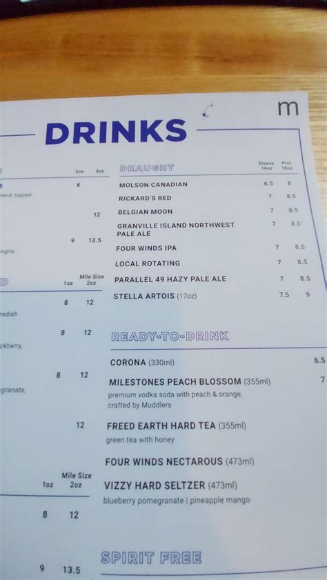 Menu at Milestones pub & bar, Kelowna, Harvey Ave