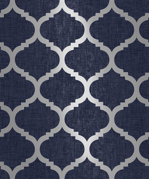 Buy Navy Blue Wallpaper Trellis Geometric Metallic Textured Silver ...