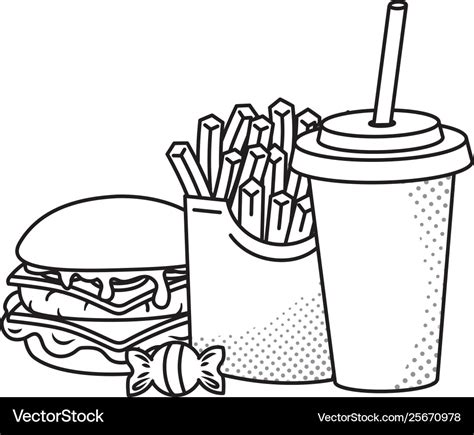 Hamburger french fries and soda black and white Vector Image