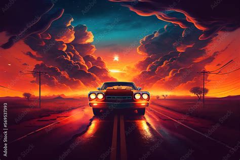 A car driving down a road with a sunset in the background and clouds in ...