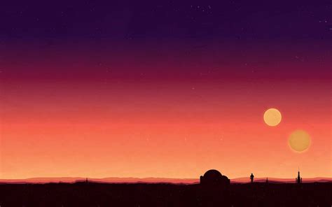 Download A view of the desert planet of Tatooine with its twin suns in the sky Wallpaper ...