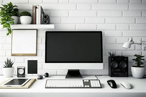 Premium AI Image | White brick wall creative desk in an office and supplies