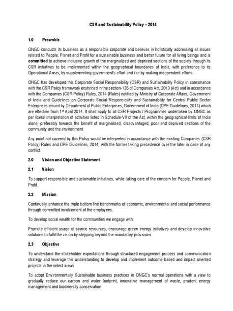 Ongc CSR Policy 2014 | PDF | Corporate Social Responsibility | Sustainability