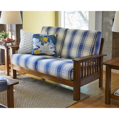 The Gray Barn Mercy Blue Plaid Mission-style Loveseat with Exposed Wood Frame - Bed Bath ...