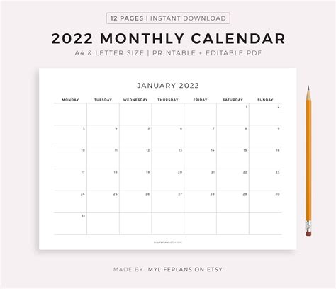 Printable Minimalist 2022 Monthly Calendar Year Calendar A4 Etsy Images | Images and Photos finder