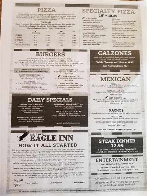 Eagle Inn Menu 2 | Pizza special, Menu, Calzone