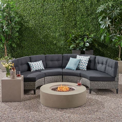 Outdoor 6 Piece Mixed Black Wicker Half Round Sofa Set with Light Grey ...