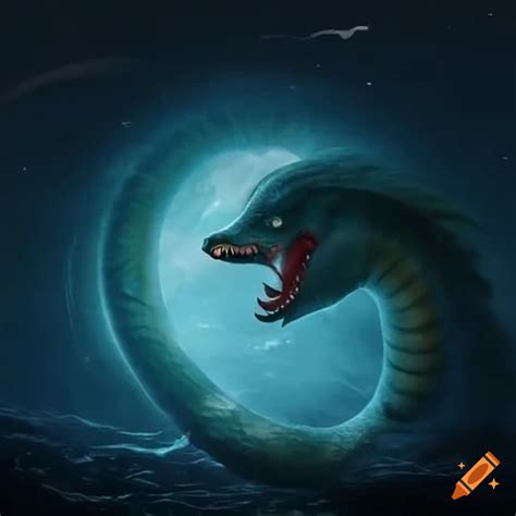 Moonlit sea serpent emerging from the water