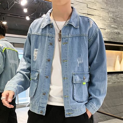 High quality Bomber Denim Jacket Men'S Ripped Holes Blue Jean Jackets New 2020 Autumn/Spring ...