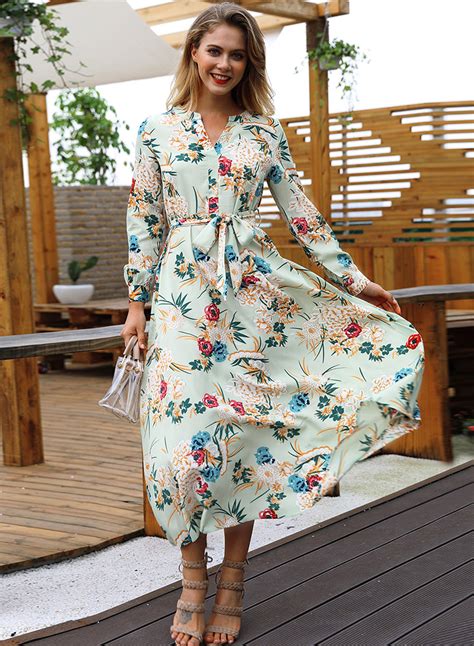 Green Floral Print V Neck Long Sleeve A-line Vocation Maxi Dress With ...