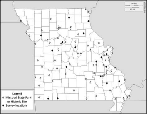 Map of Missouri State Parks and Historic Sites and survey locations.... | Download Scientific ...