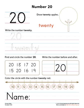 Number 20 writing, counting and identification printable - Worksheets Library