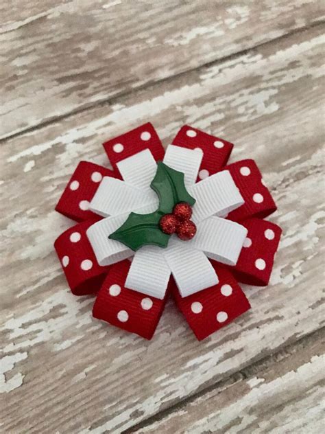 Christmas Hair Bow Christmas Holly Hair Clip Red Holly | Etsy