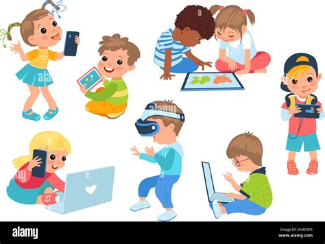 Kids with gadgets. Children hold different device. Boys and girls with ...