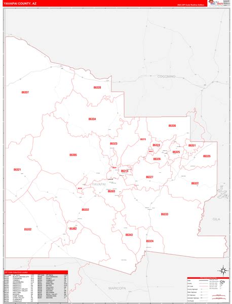 Yavapai County, AZ Zip Code Wall Map Red Line Style by MarketMAPS - MapSales