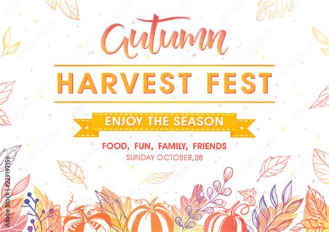 Autumn harvest festival poster with harvest symbols, leaves and floral ...