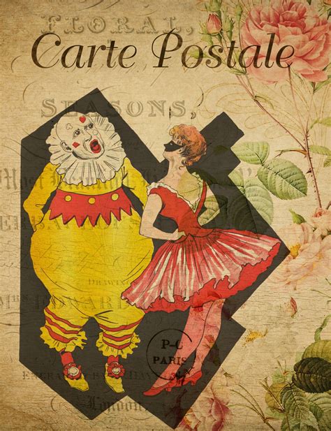 Clown Vintage Floral Postcard Free Stock Photo - Public Domain Pictures