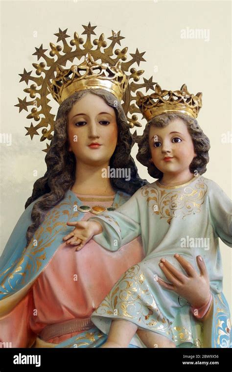 Mary Help of Christians, statue in Parish Church of the Sacred Heart of Jesus in Ivanovo Selo ...