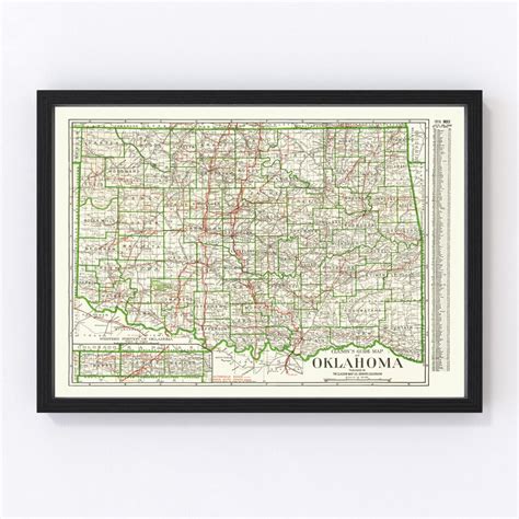 Oklahoma Map 1915 Old Map of Oklahoma Art Vintage Print Framed Wall Art ...