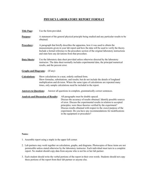 PHYSICS LABORATORY REPORT FORMAT