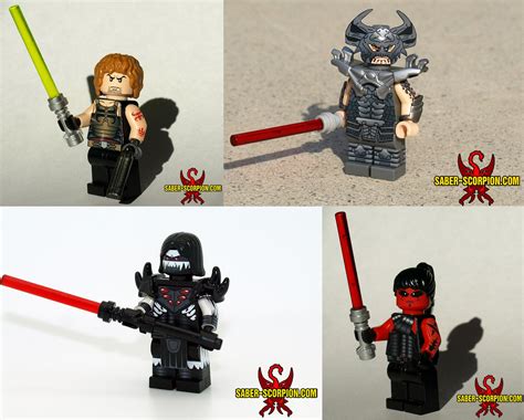 three different pictures of lego characters with lightsabes