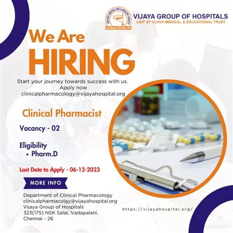 Clinical Pharmacist Pharma D Job Openings at Vijaya Group of Hospitals