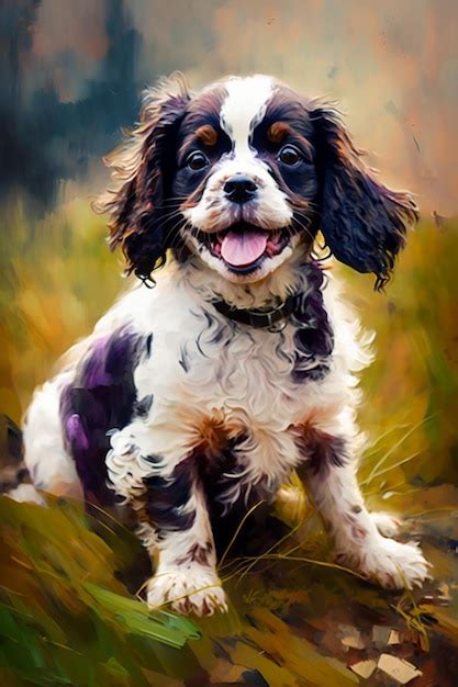 Premium AI Image | A painting of a dog that is sitting in the grass.