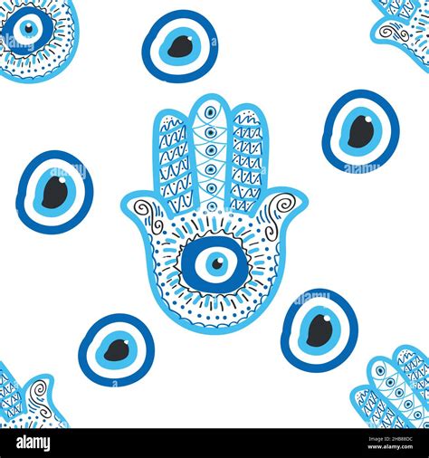 Hamsa eye, magical eye seamless pattern. Magic, witchcraft, occult symbol. Blue white golden ...