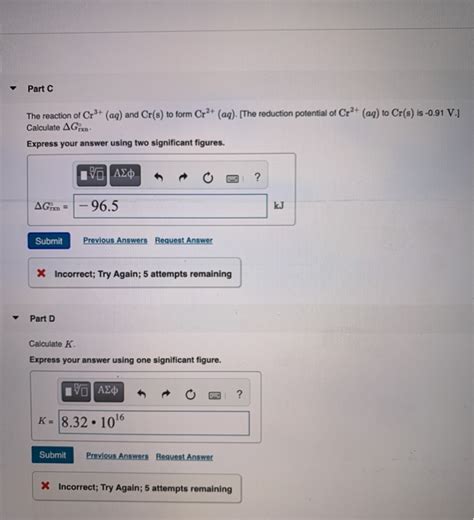 Solved Part C The reaction of Cr3+ (aq) and Cr(s) to form | Chegg.com