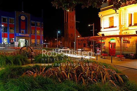 Palmerston North night street scene outside bars and restaurants beside The Square, Palmerston ...