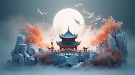 Premium AI Image | A chinese temple in the winter with a moon behind it