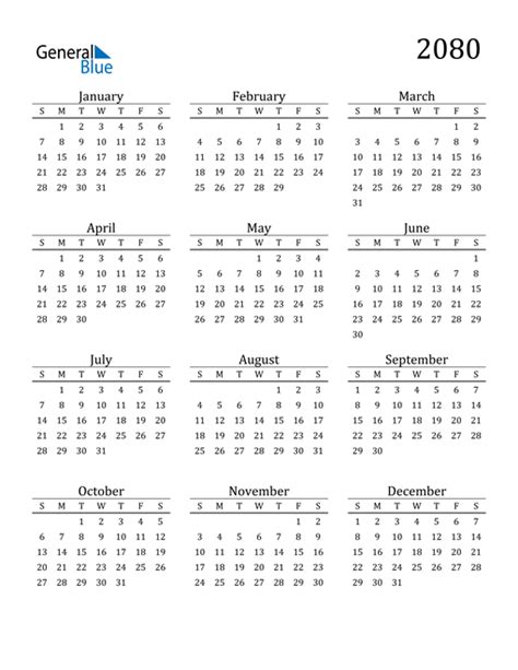 2080 Calendar (PDF, Word, Excel)