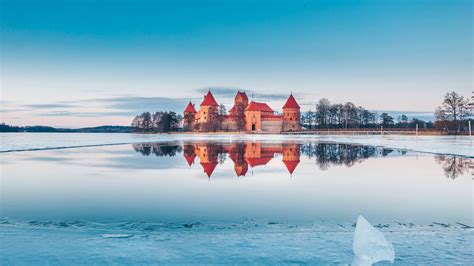 architecture, tower, castle, winter, ice, lake, frozen lake, trees ...