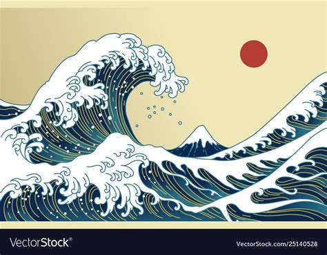 Big Asian ocean wave, red sun and the mountain illustration. Golden ...