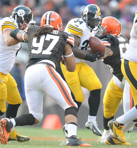 NOV. 25, 2012 — The Browns' Kaluka Maiava causes Steelers running back Rashard Mendenhall to ...