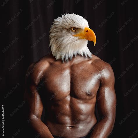 Black muscular athletic man torso with bald eagle head, front view ...