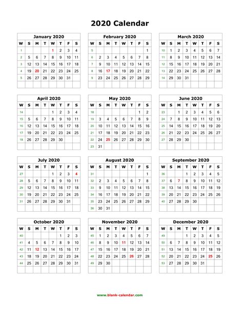 Download Blank Calendar 2020 (12 months on one page, vertical)