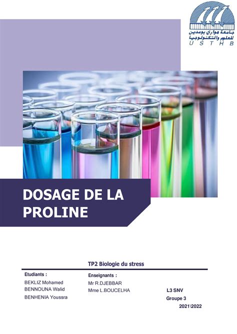 Dosage de la proline dans des cellules végétales - DOSAGE DE LA PROLINE TP2 Biologie du stress ...