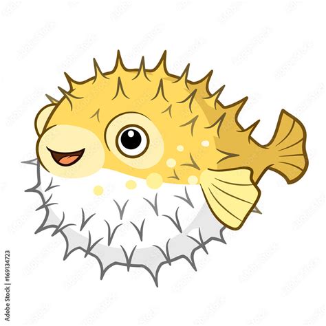 Vector cartoon illustration of a cute happy smiling yellow spiky puffer fish character isolated ...