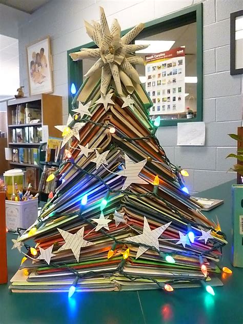 Library Christmas Tree. Discarded books, card garland, book page star. The kids love it ...