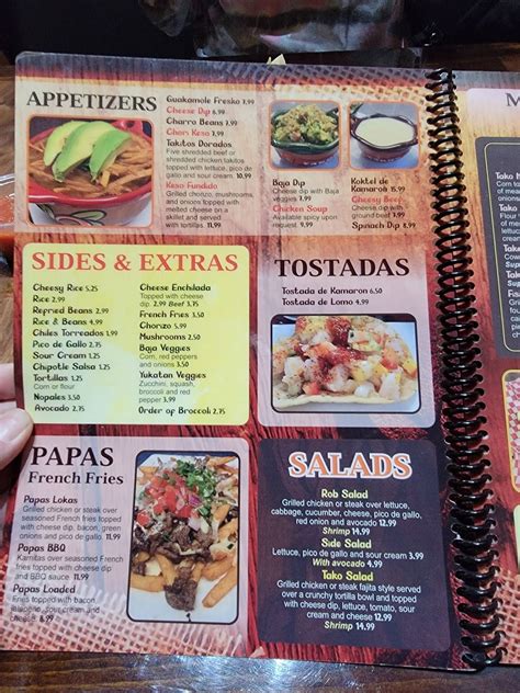 Menu at Takos Borukas restaurant, Jackson