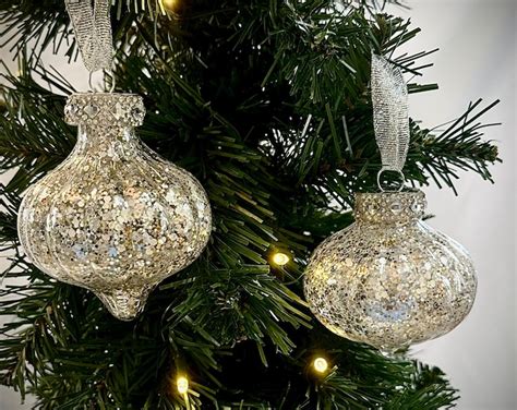 Set of 2 Icy Silver Glitter Ornaments That Sparkle With Gold and Are ...