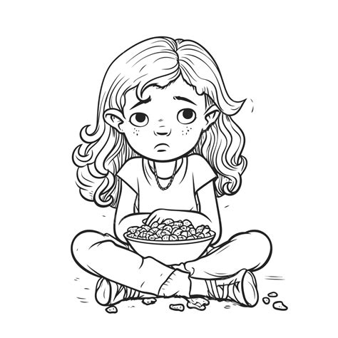 Girl Sitting On The Ground Eating Cereal Coloring Page Outline Sketch Drawing Vector, Wing ...