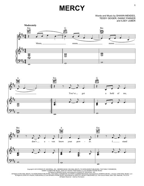 Shawn Mendes "Mercy" Sheet Music Notes, Chords | Piano, Vocal & Guitar (Right-Hand Melody ...