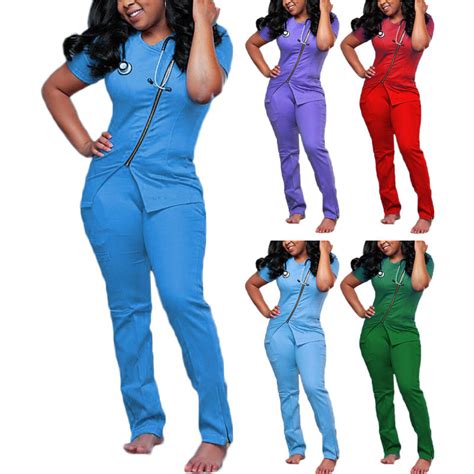 Hospital Medical Women Stylish Uniforms Sets Zipper Nursing Scrubs ...