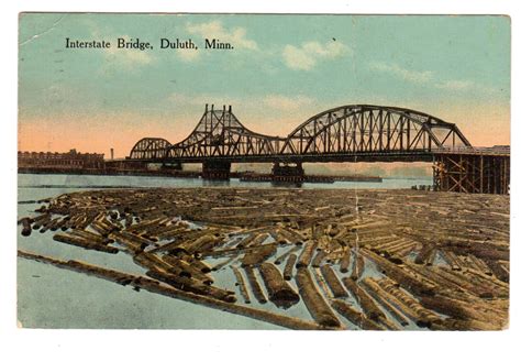 Old postcard. Interstate Bridge, Duluth, Minnesota. Lumber, logs 1915. | Jackie's Vintage Postcards