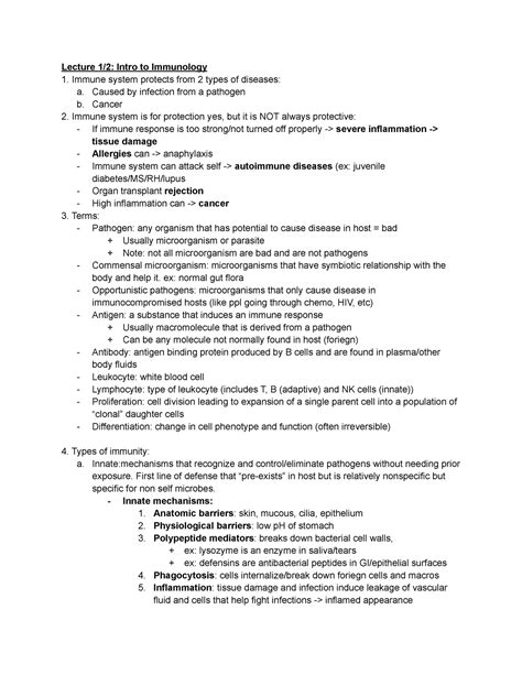 Immunology Lecture Notes MT1 - Lecture 1/2: Intro to Immunology Immune ...