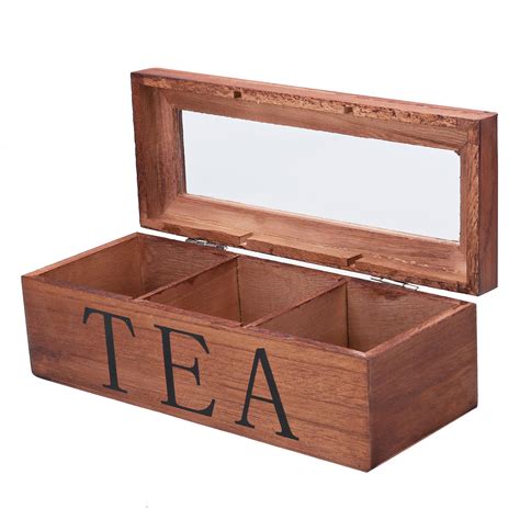 New Tea Bag Stores Wooden Tea Box 3 Compartments Hinged Glass Lid Tea Organizer Jewelery Box ...